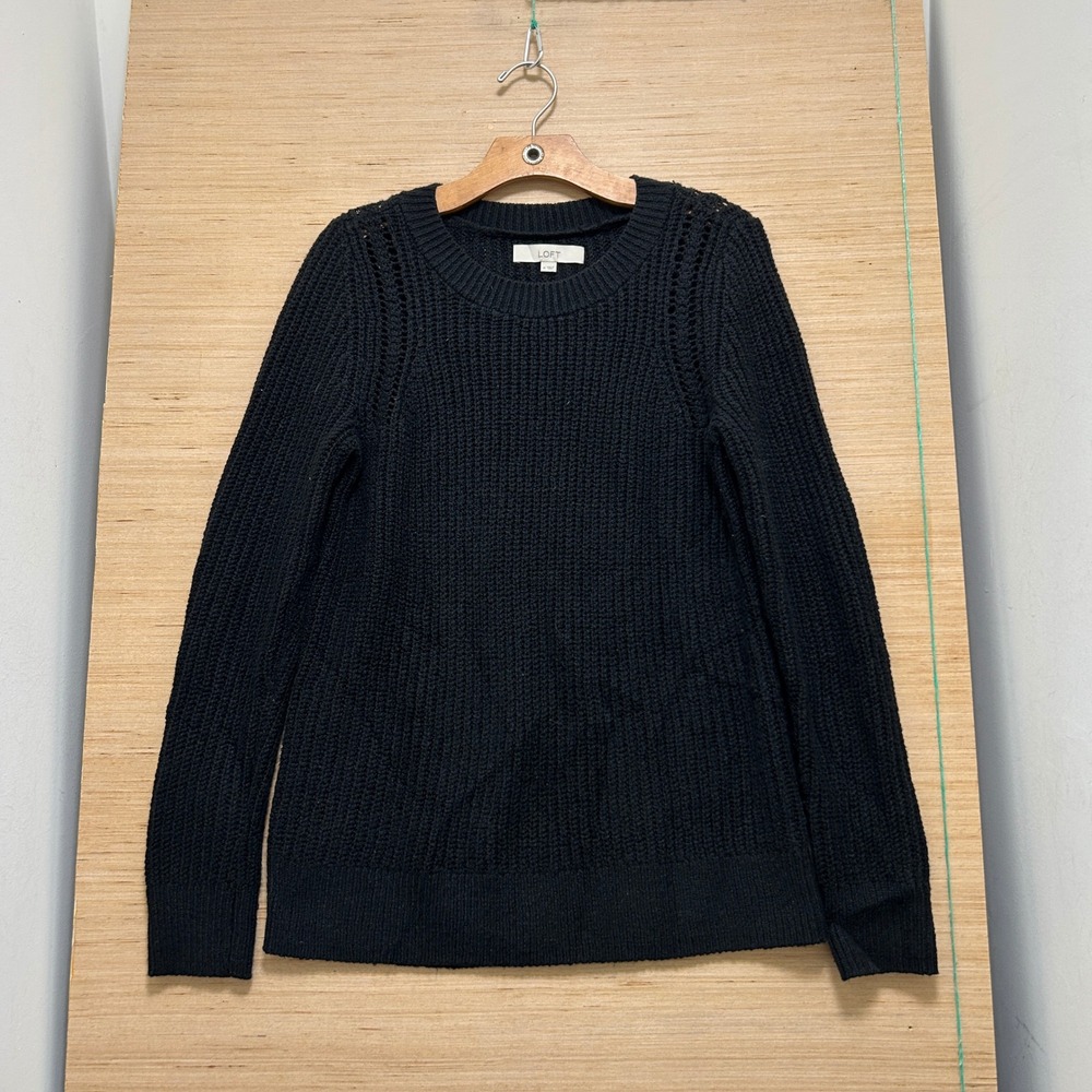 Loft Black Shaker Stitch Knit Crew Neck Sweater Womens Medium Pointelle Detail‎